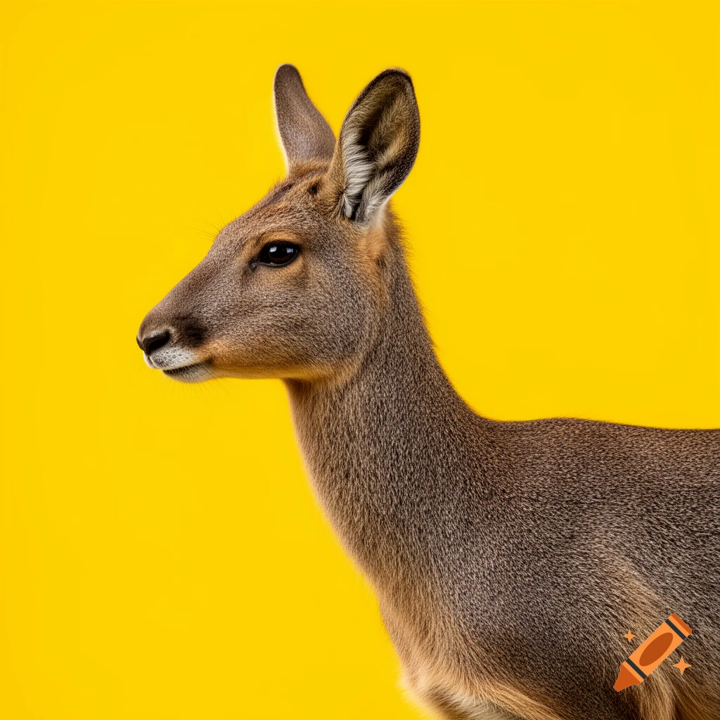 A Patagonian Cavy with brown-grey fur in profile against a bright yellow studio background.