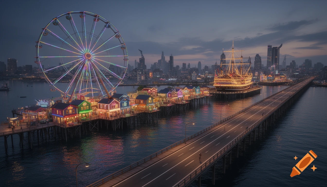 An illuminated pier with a colorful Ferris wheel, shops on stilts, and a decorative ship, connected by a long bridge to a city skyline at dusk.