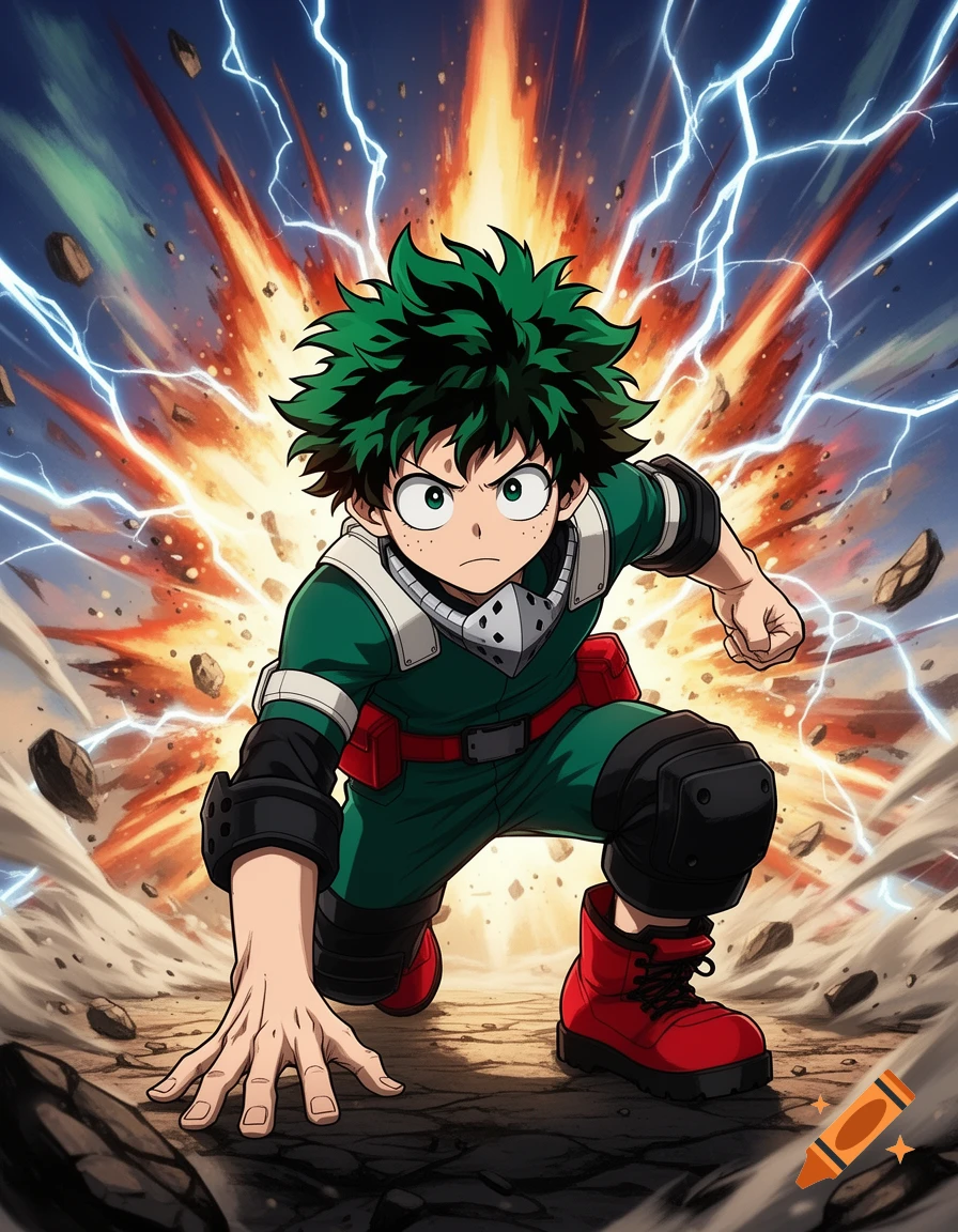 Anime illustration of Izuku Midoriya in his green hero suit, crouching in an action pose with explosions and lightning around him.