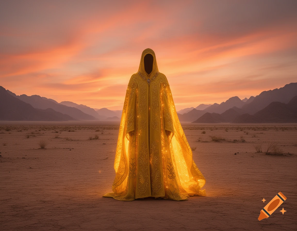 A mysterious, hooded figure in a glowing yellow robe stands in a vast desert landscape under a fiery sunset.