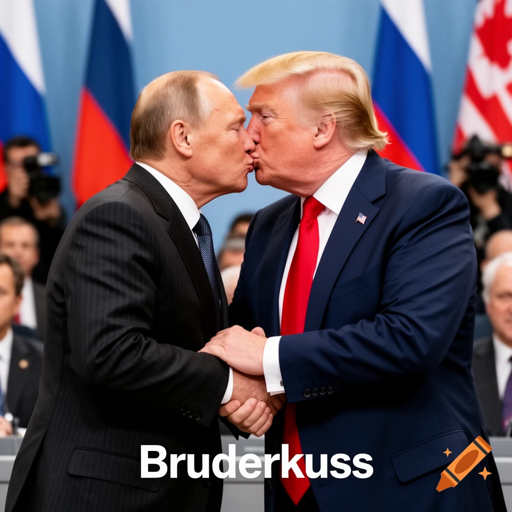 Photorealistic image of Vladimir Putin and Donald Trump kissing on the lips, with the text "Bruderkuss" below.