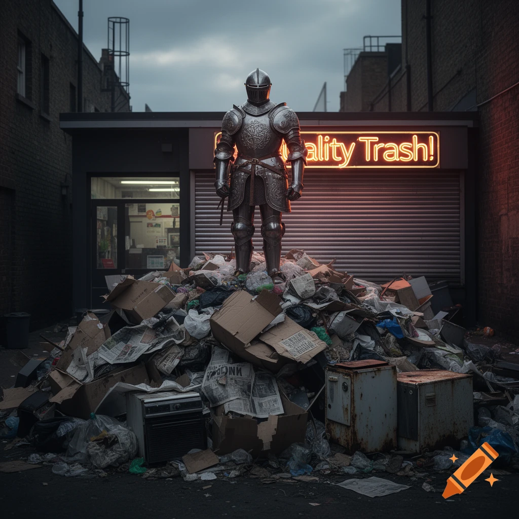 A knight in shining armor stands atop a large pile of trash in an urban alley, with a neon sign above reading 'Quality Trash!'.