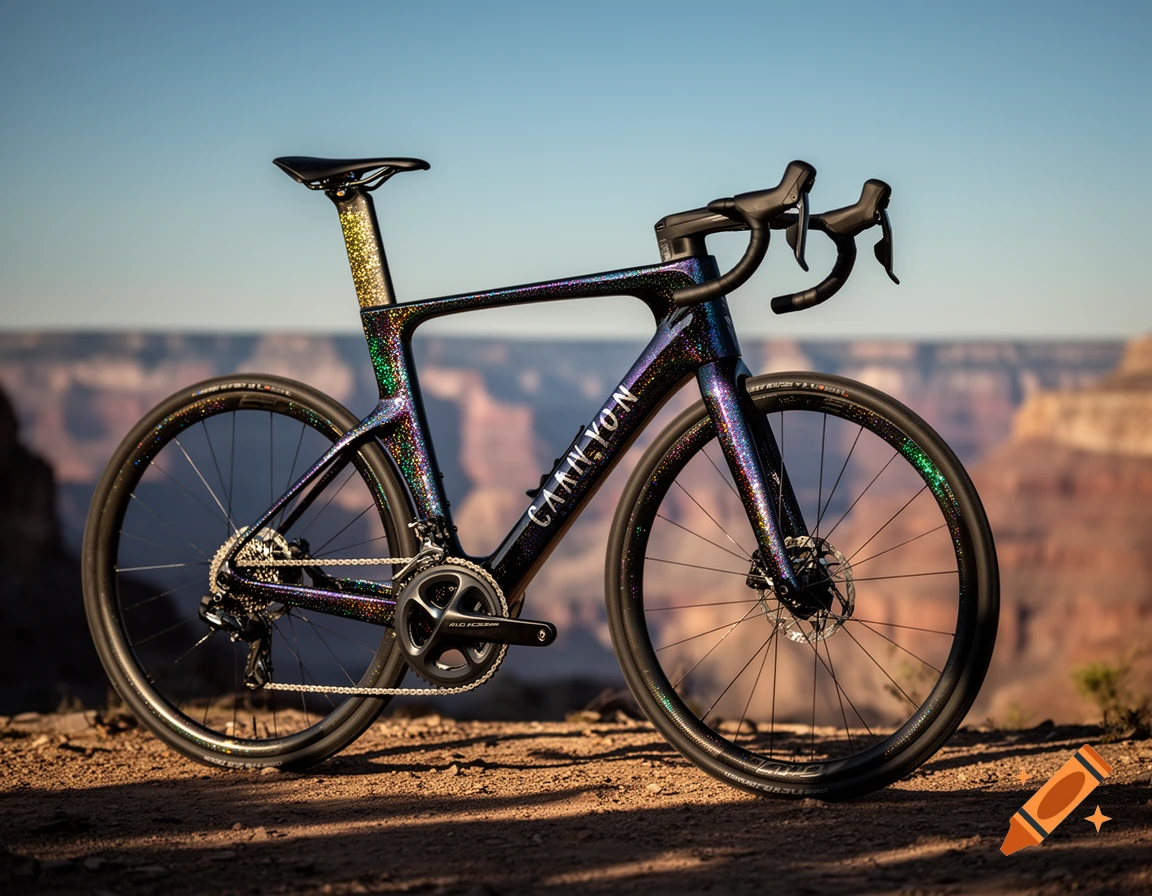 A black road bike with a colorful metallic glitter finish on a dirt path overlooking a canyon, bathed in golden light.