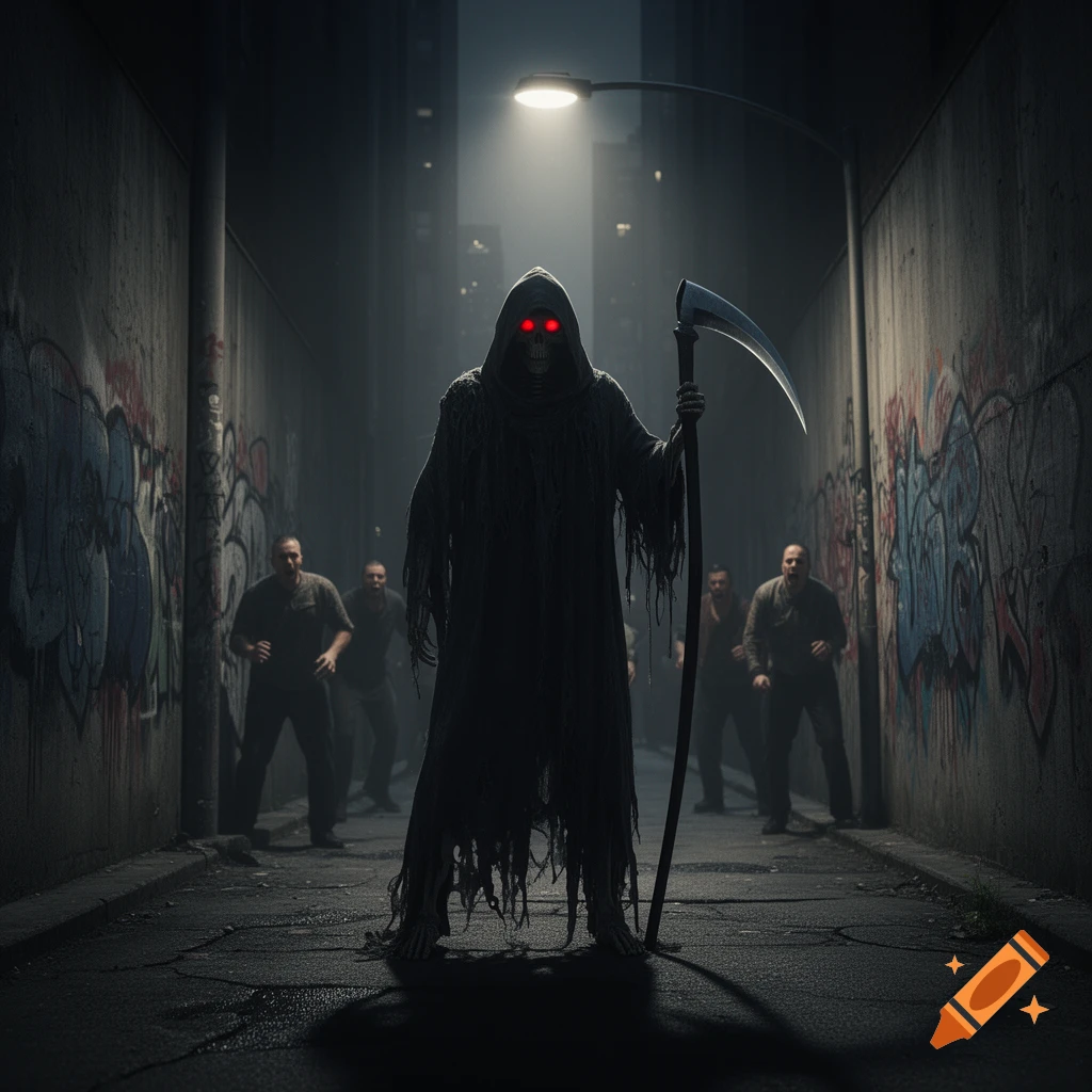 A photorealistic Grim Reaper with red eyes and scythe stands in a dark, graffiti-covered urban alley with figures in the background.
