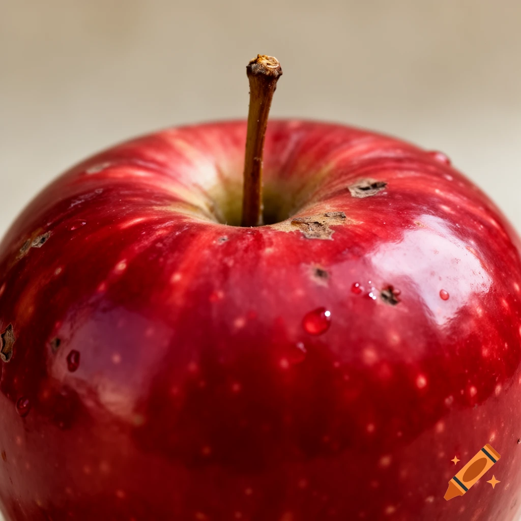 A close-up of a red apple with a brown stem and water droplets on its shiny skin, showing some natural blemishes.