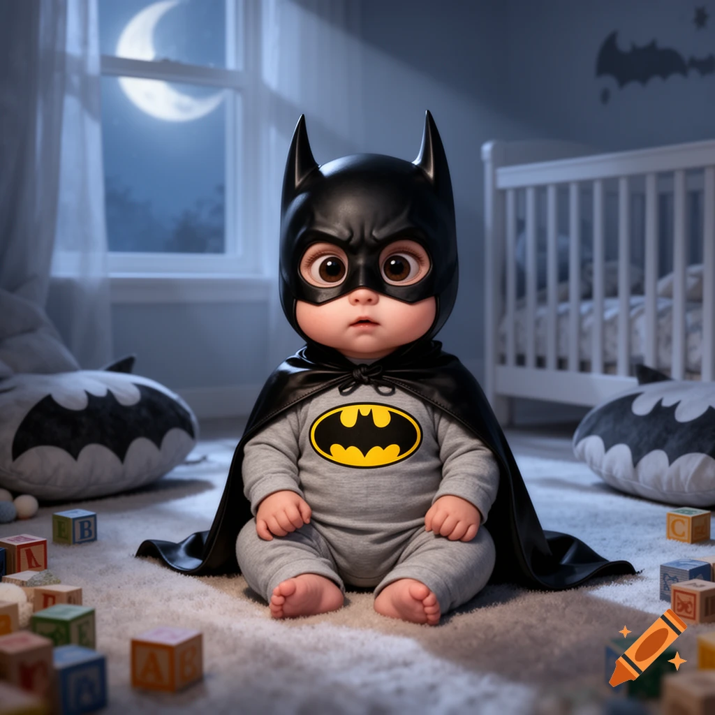 A cute baby in a Batman costume sits on a rug in a dimly lit nursery, with a crescent moon visible outside the window.
