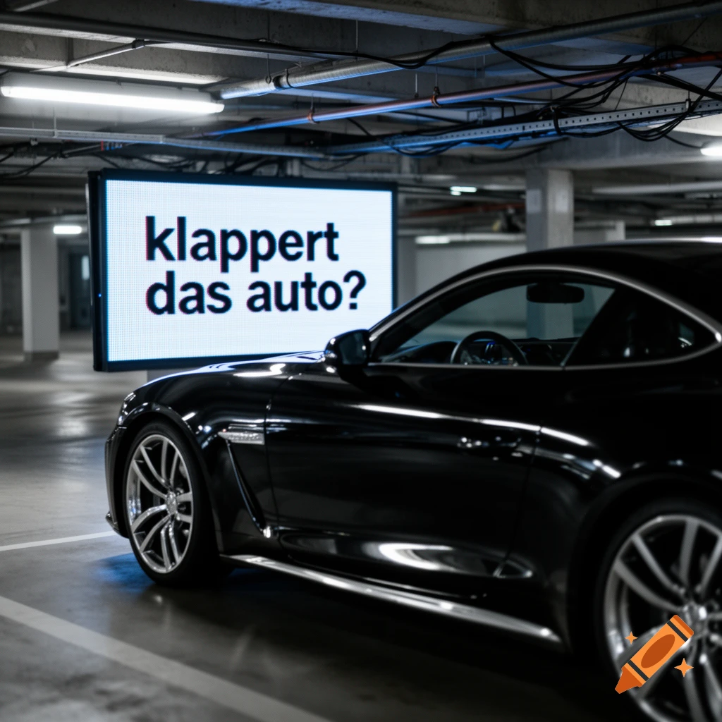 A black luxury car parked in a well-lit underground garage, with a digital sign displaying "klappert das auto?"