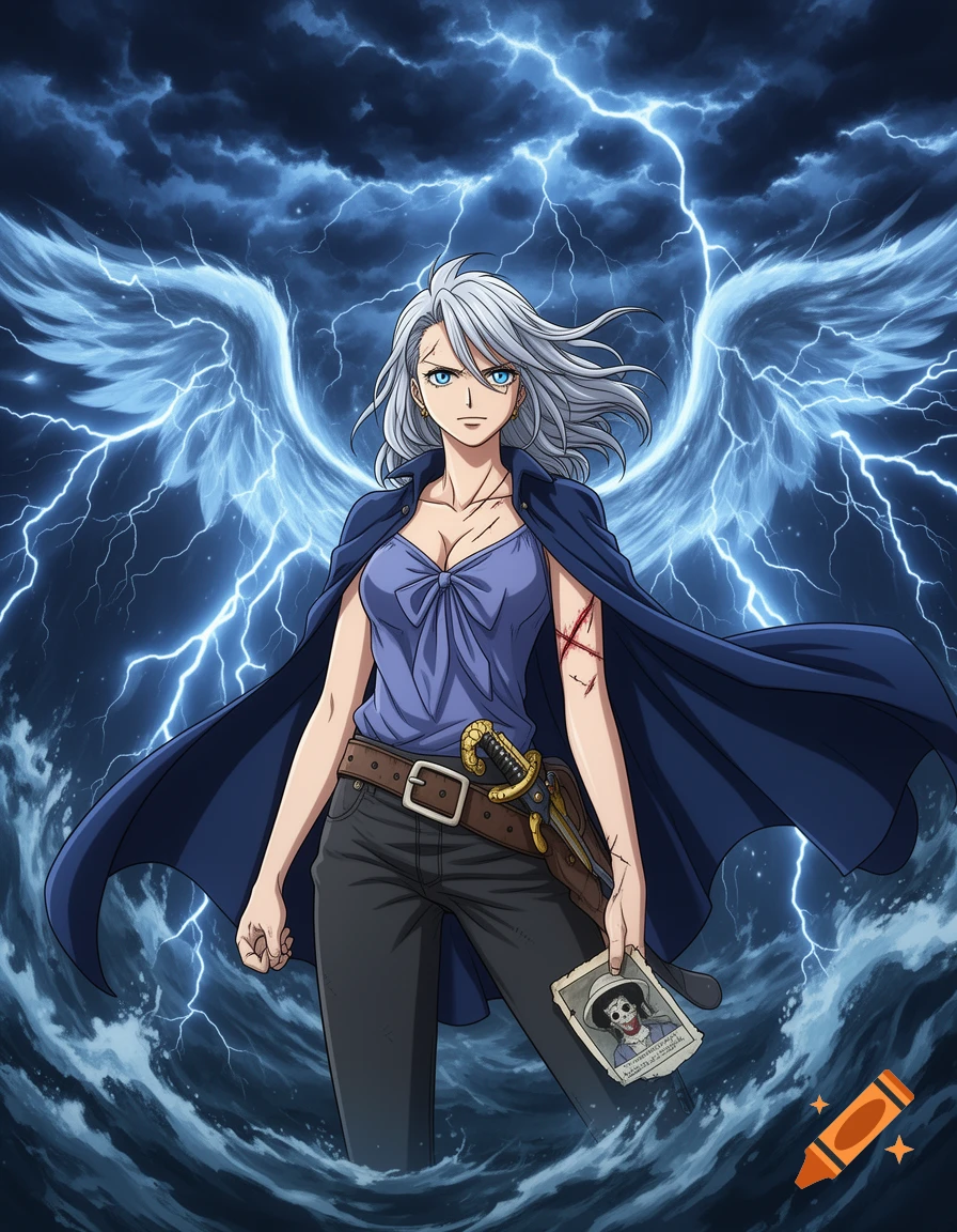 Anime style illustration of a white-haired female pirate with blue eyes, wearing a blue top, dark pants, and a dark cape, standing amidst a stormy sea with blue lightning wings behind her, holding a wanted poster.