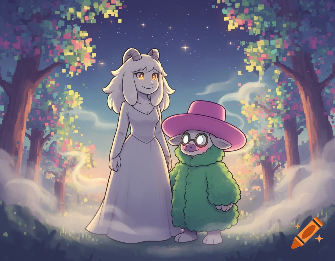 Two anime fantasy characters, a white goat-like woman and a green furry creature, stand in a misty forest with pixelated trees.
