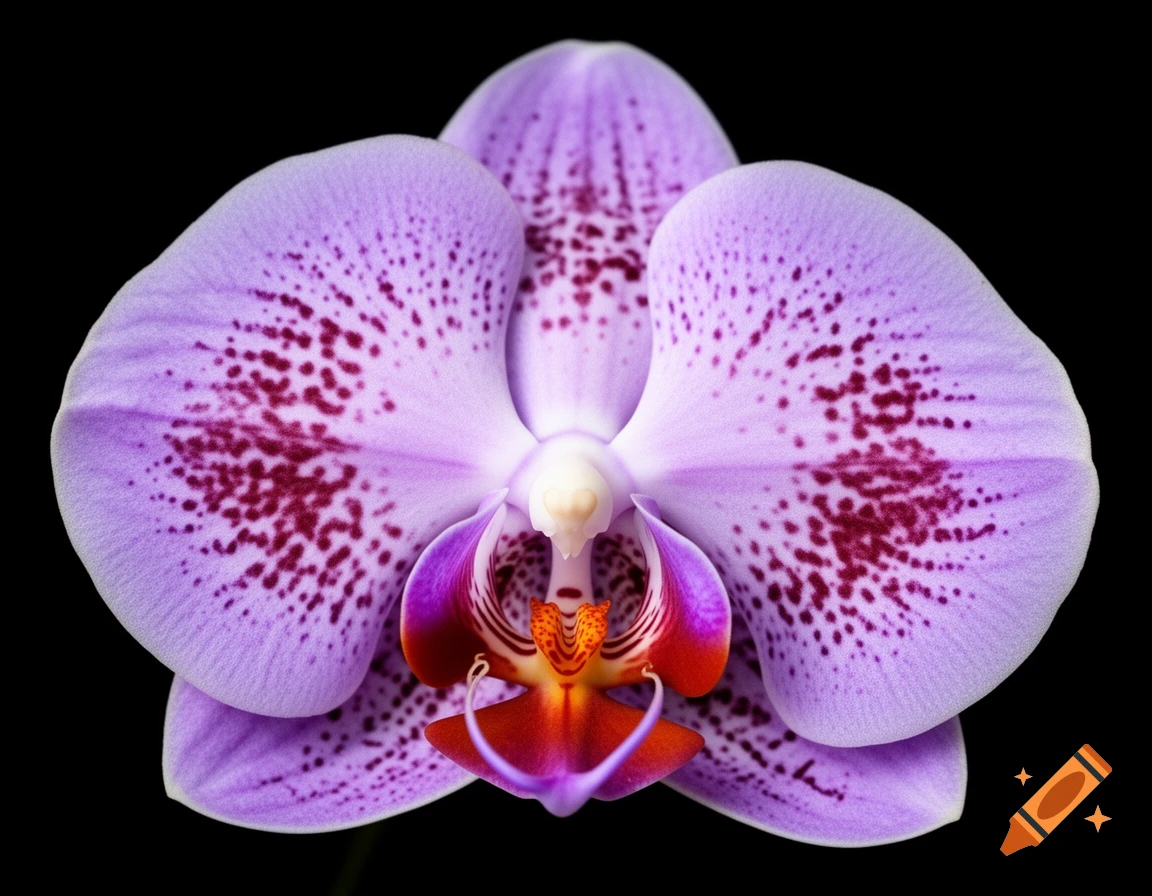 Close-up of a vibrant purple Phalaenopsis orchid with dark spots and an orange-red lip against a black background.
