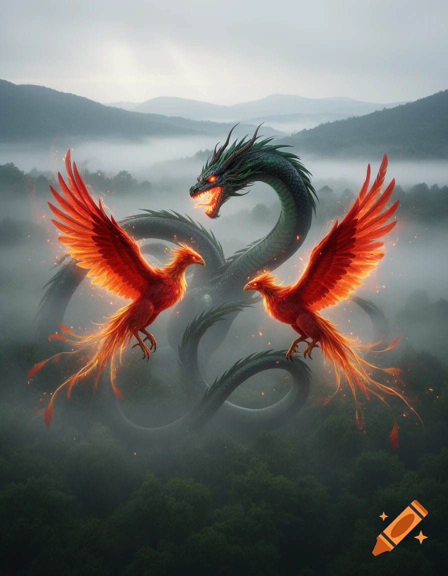 Two fiery red phoenixes confront a large green dragon with glowing eyes in misty, forest-covered mountains, in a dynamic fantasy style.