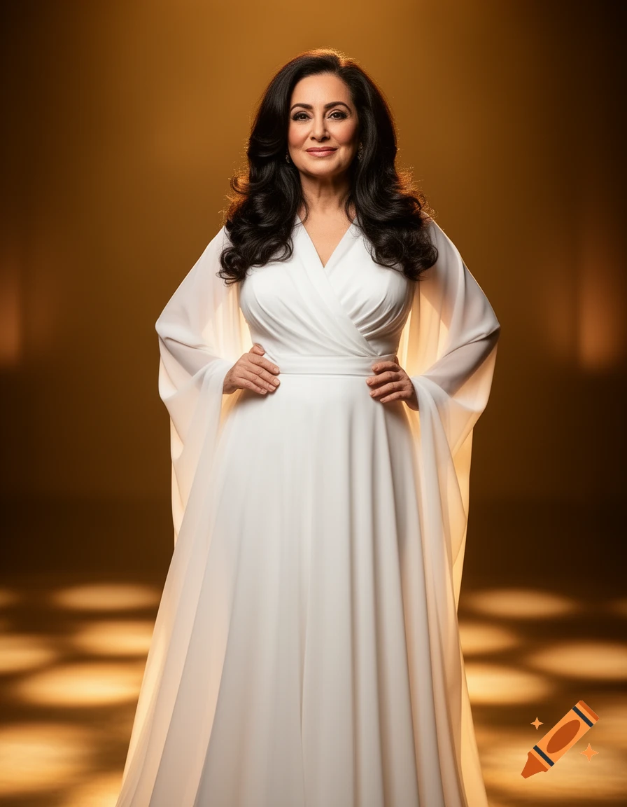 A photorealistic portrait of a woman with dark wavy hair, smiling gently, wearing a long white flowing dress, standing against a golden background.