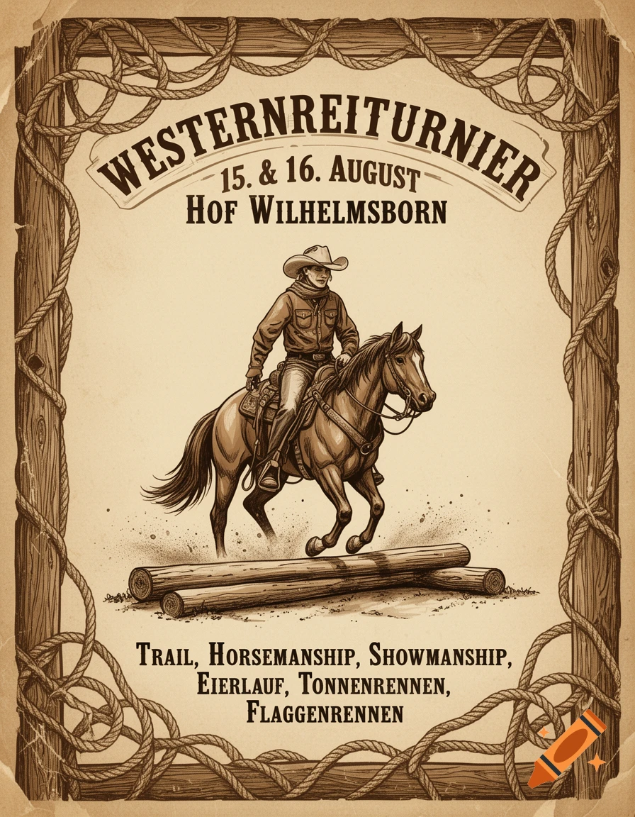 Vintage Western riding tournament poster featuring a cowboy on a horse leaping over logs, with rope and wood borders.