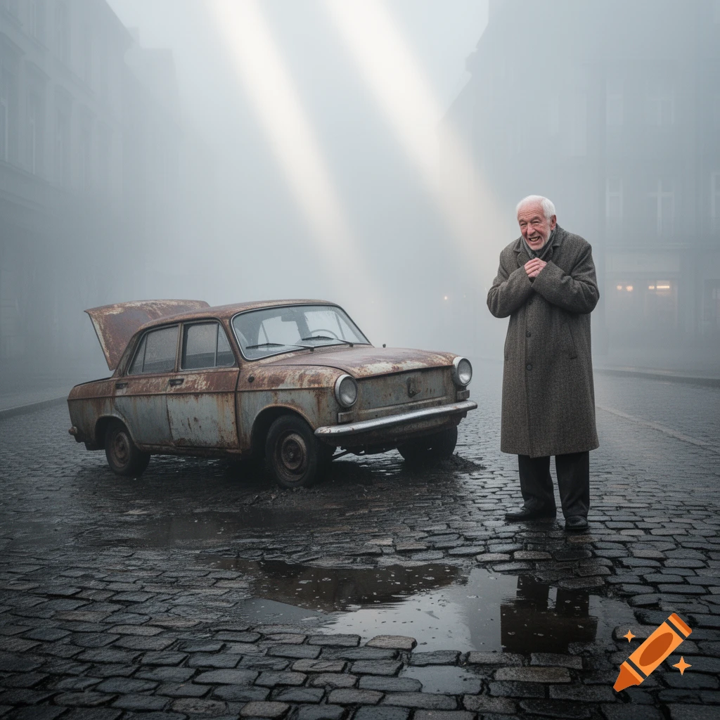An old man in a long coat smiles beside a rusty car with an open trunk on a foggy cobblestone street with puddles, light rays breaking through.