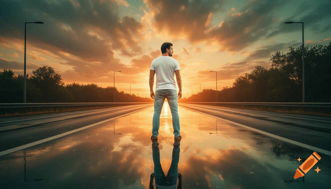 A man stands on a wet asphalt road, looking back over his shoulder, as a dramatic golden sunset reflects perfectly on the surface.