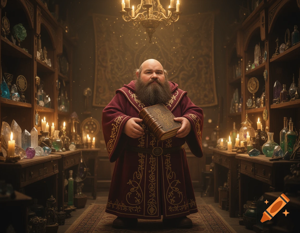 A bald, bearded man in a red wizard robe holds an ornate tome in a dimly lit, magical shop filled with crystals and potions.