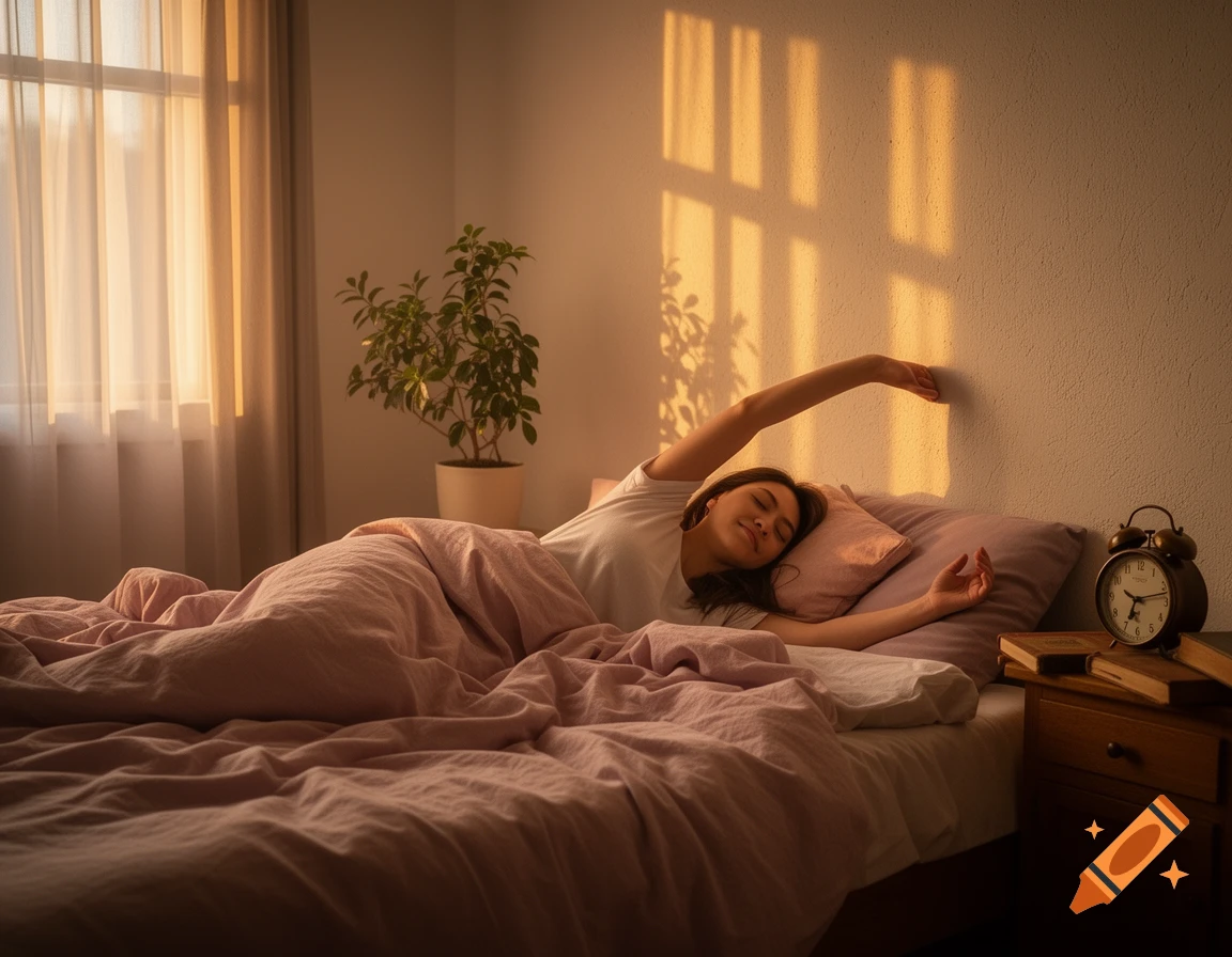 A woman stretches in bed, bathed in warm morning sunlight from a window, with a plant and an alarm clock nearby.