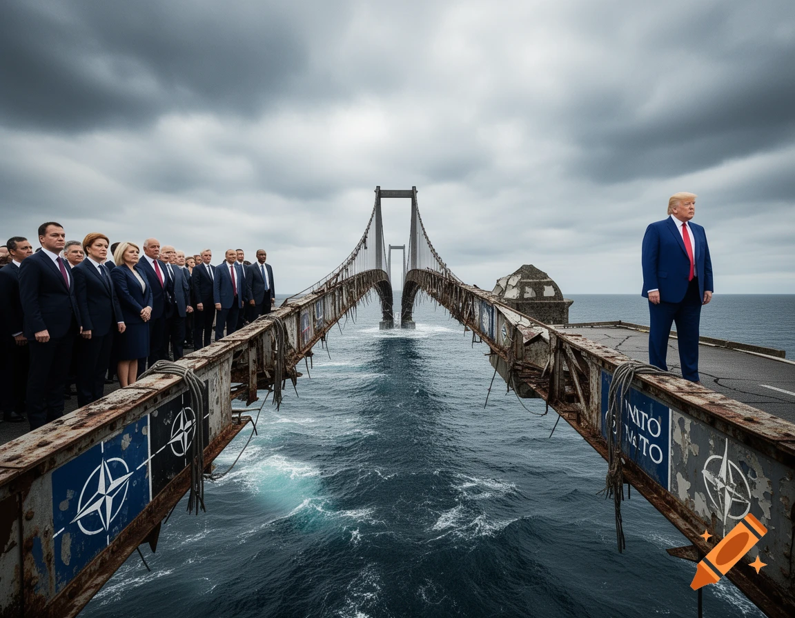 Donald Trump stands on one side of a broken, rusted bridge with NATO symbols, facing a group of European leaders on the other side over stormy seas and under a cloudy sky.