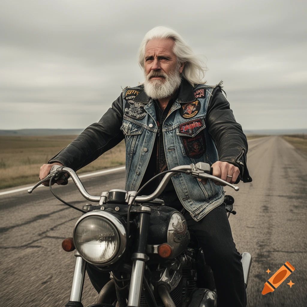 A grizzled old biker with a white beard and long white hair, wearing a denim vest and leather jacket, rides a classic motorcycle down a long, empty road under a cloudy sky.