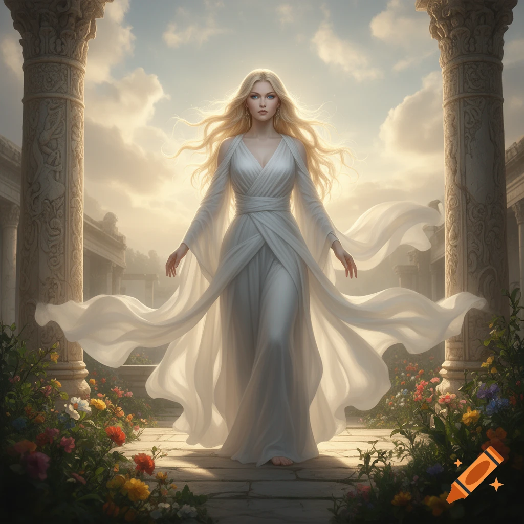A blonde goddess in a flowing white gown stands between two ornate pillars, surrounded by colorful flowers, under a cloudy sky.