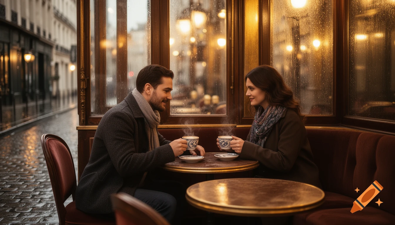 A couple sips coffee in a cozy Parisian cafe on a rainy evening, visible through the window.