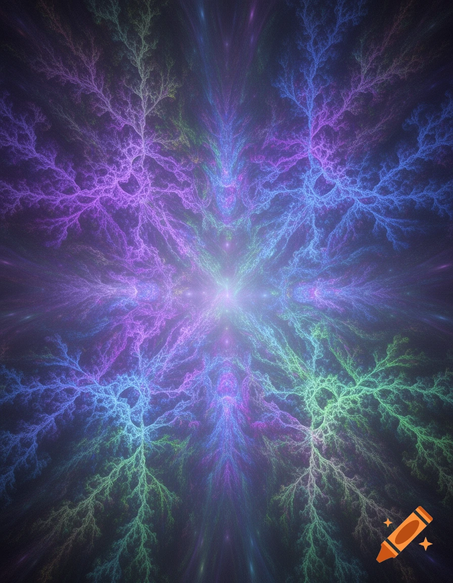 A symmetrical, brightly lit fractal pattern with branching structures in purple, blue, and green.