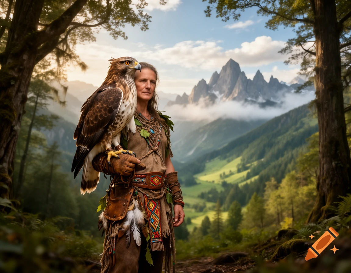 A photorealistic image of a druid-like woman holding a hawk in an ancient forest, overlooking a misty mountain valley.