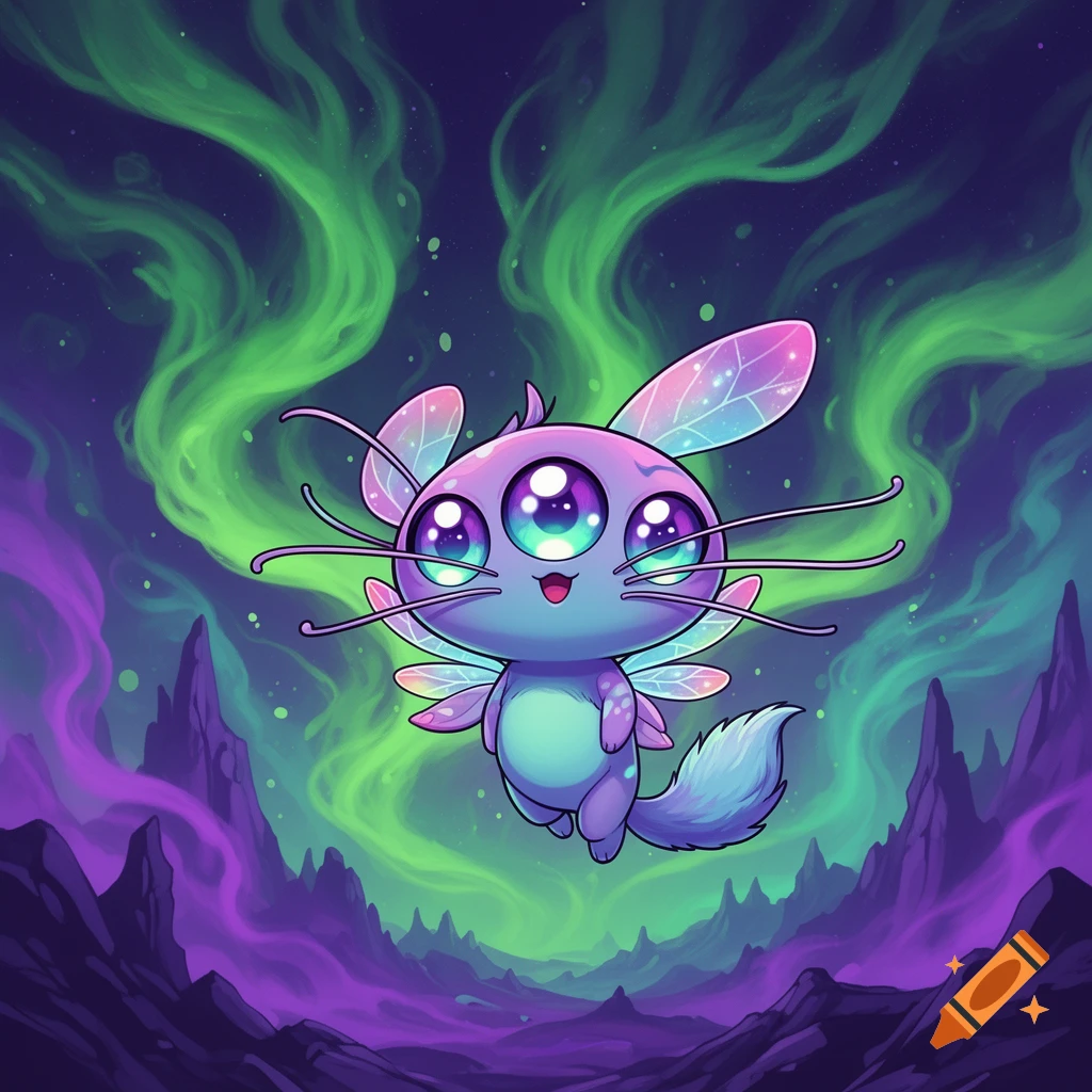A cute, floating purple three-eyed alien creature with wings and a fluffy tail against a dark alien landscape with green and purple aurora.