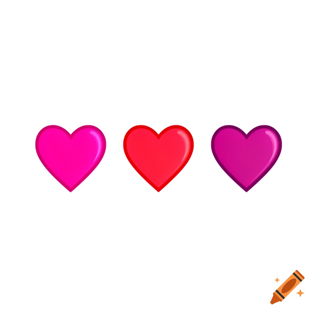Three shiny, solid-colored hearts in pink, red, and purple arranged on a white background.