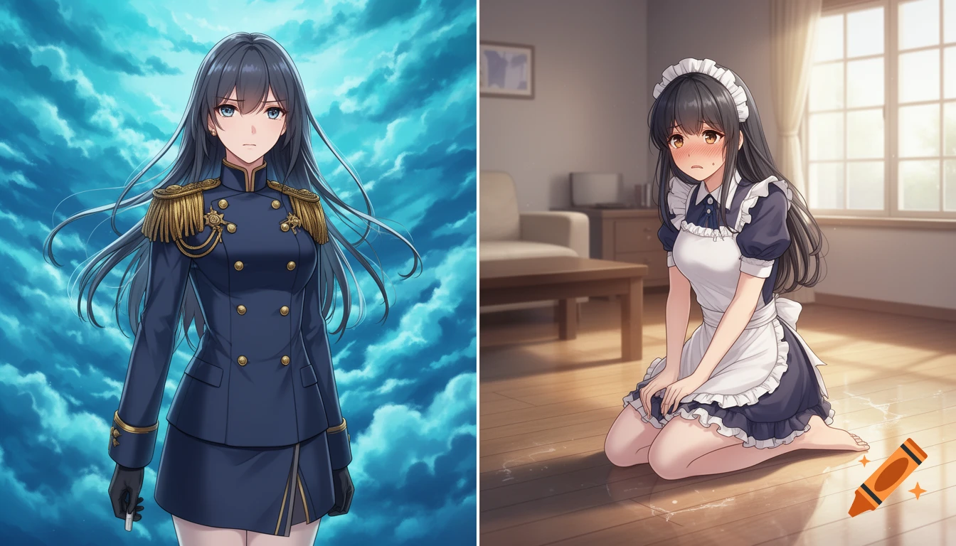 Two anime panels. On the left, a serious woman in a dark blue military uniform. On the right, the same woman, embarrassed and blushing, kneels barefoot in a maid outfit on a living room floor with spilled water.