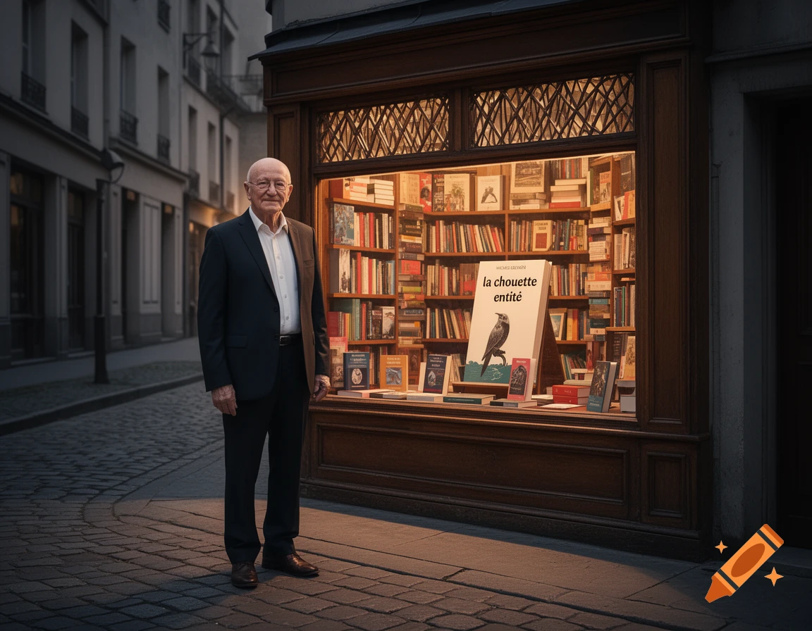 An old bald man in a suit stands on a cobblestone street in front of a well-lit bookstore window.