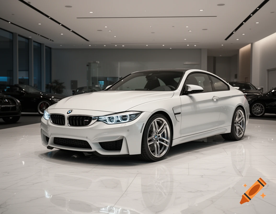A white BMW M4 sports coupe in a modern, brightly lit car showroom with a reflective floor, photorealistic.