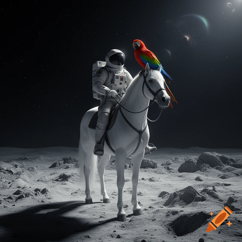 An astronaut rides a white horse on the moon, with a colorful parrot perched on its head, set against dark space.
