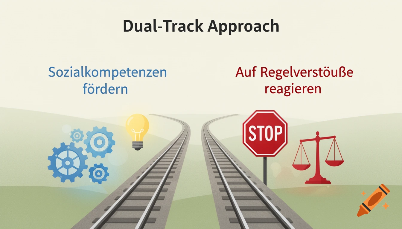 Illustration titled "Dual-Track Approach" with diverging train tracks. Left: "Sozialkompetenzen fördern" with gears and a lightbulb. Right: "Auf Regelverstöße reagieren" with a STOP sign and scales of justice.