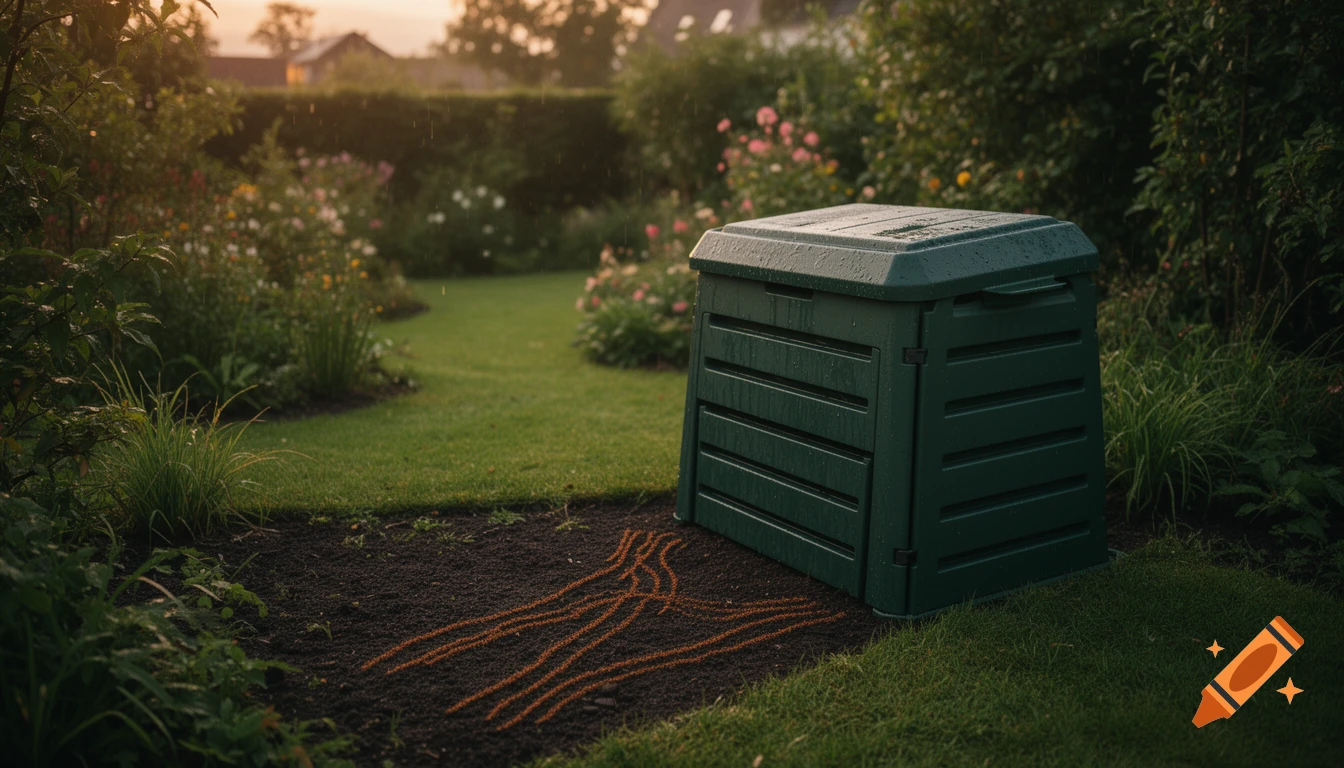 A realistic photo of a garden in the early evening with a green compost bin and ant trails in the damp soil.