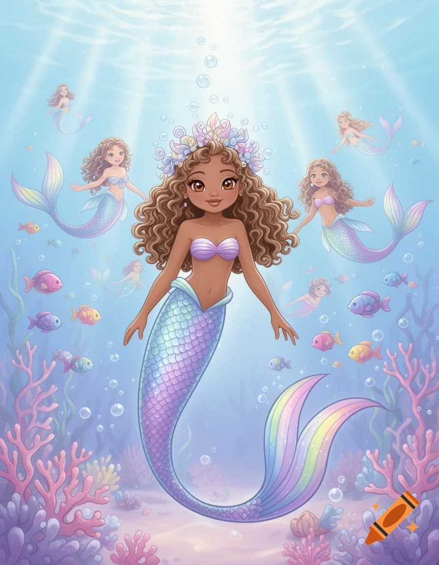 A cartoon mermaid with brown curly hair and a rainbow tail swims underwater with fish and other mermaids among coral.