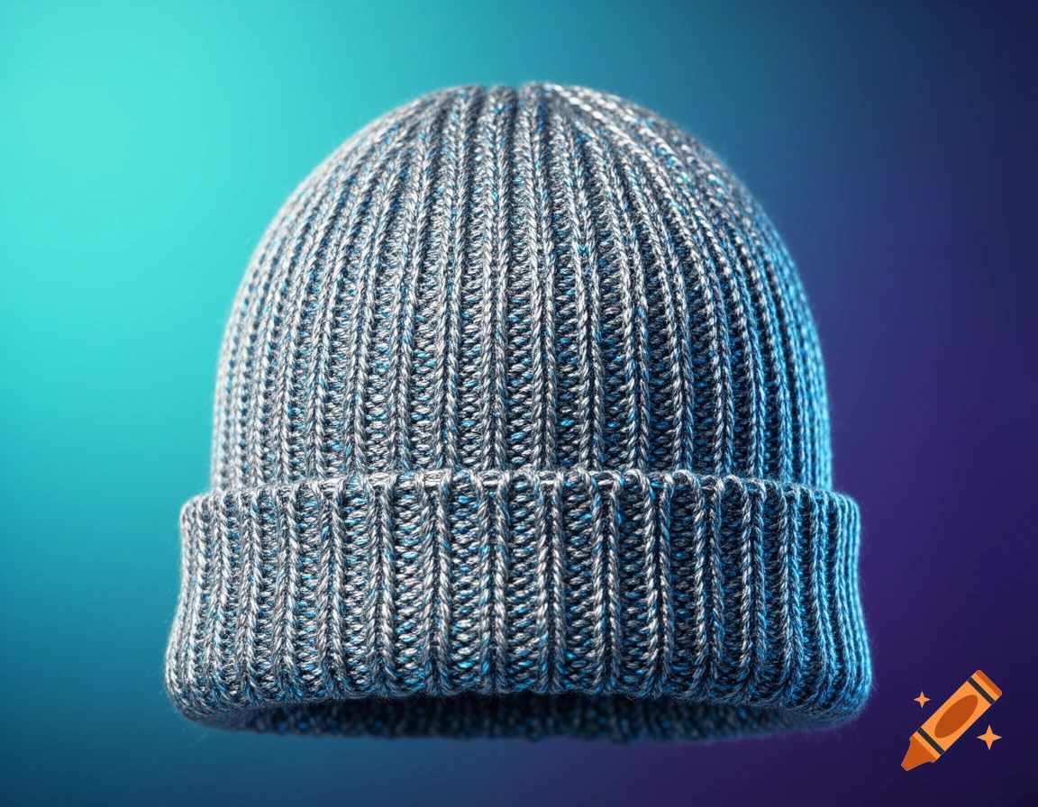 Photorealistic grey ribbed beanie hat with blue highlights against a vibrant blue and purple gradient background.