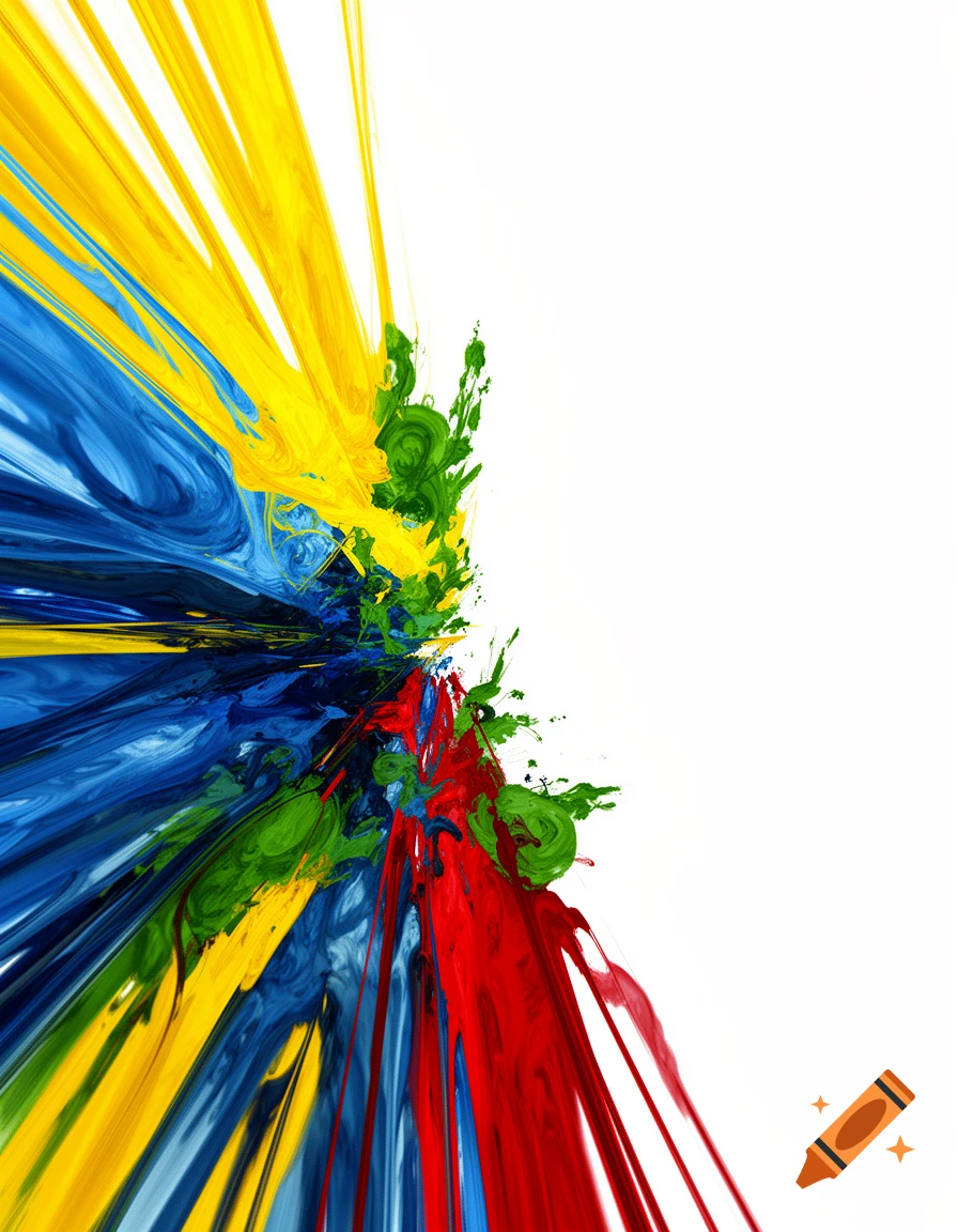 A vibrant abstract painting with yellow, blue, red, and green paint splashing from the left onto a white background.