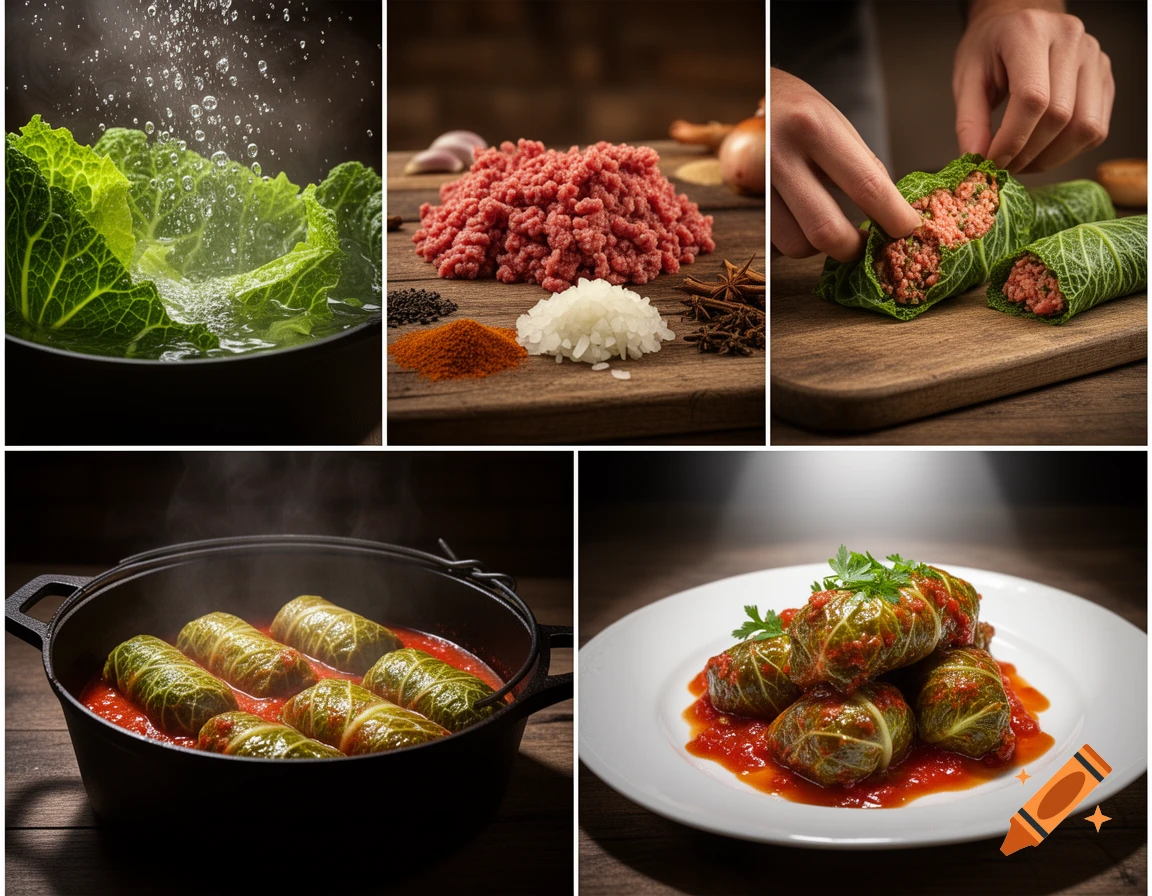 A five-panel collage showing the process of making cabbage rolls, from blanching cabbage and preparing ingredients to cooking and serving the finished dish.