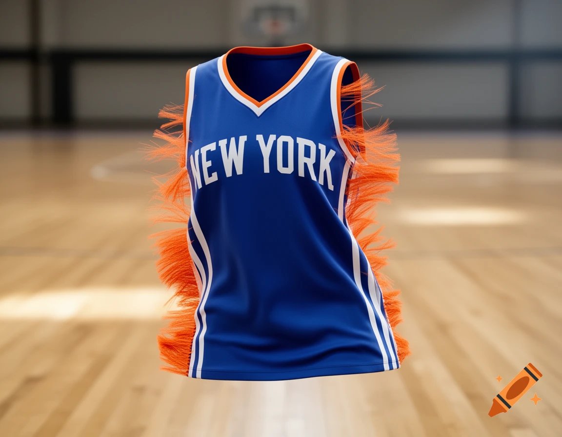 A royal blue basketball jersey with white 'NEW YORK' text, orange fringe, and white stripes, floating over a blurred basketball court.