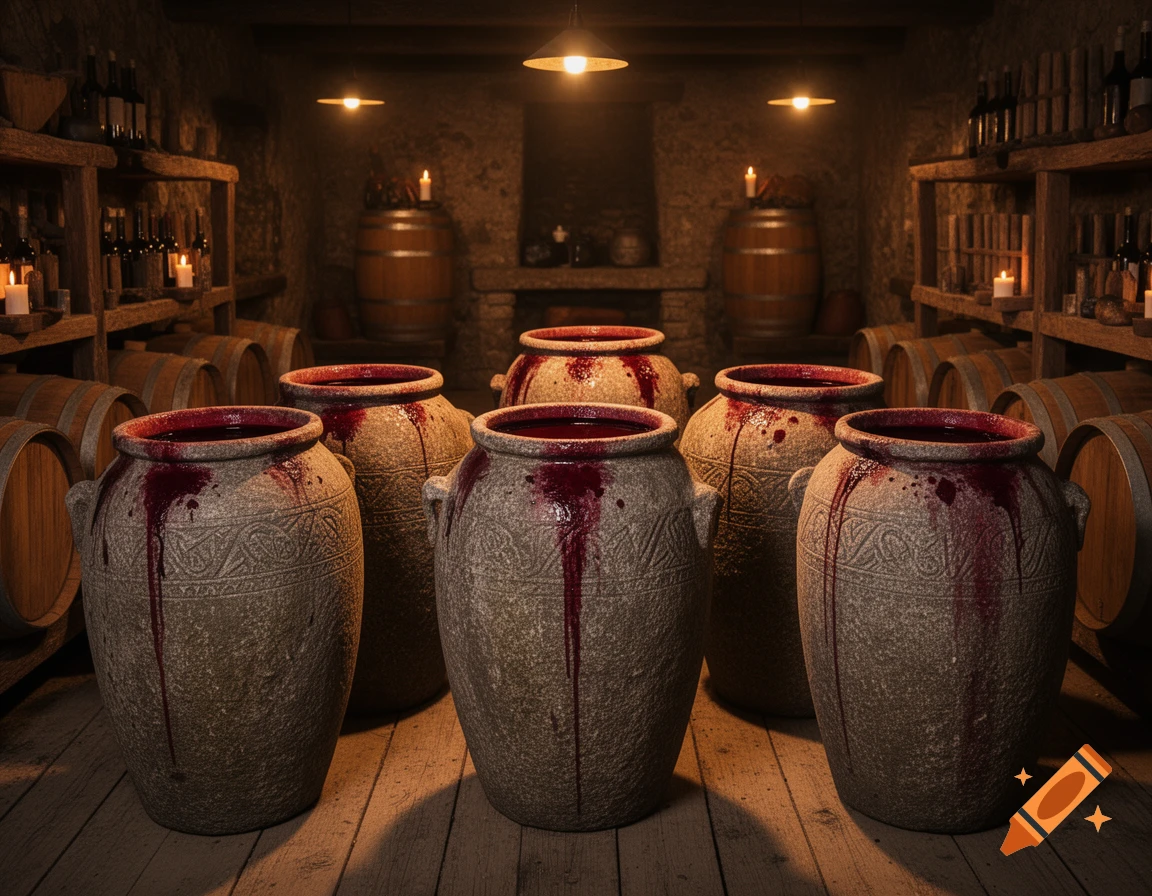 A dark, atmospheric wine cellar with rows of wooden barrels and shelves. In the foreground, six large, ancient-looking stone jars are filled with a deep red liquid that spills down their sides.
