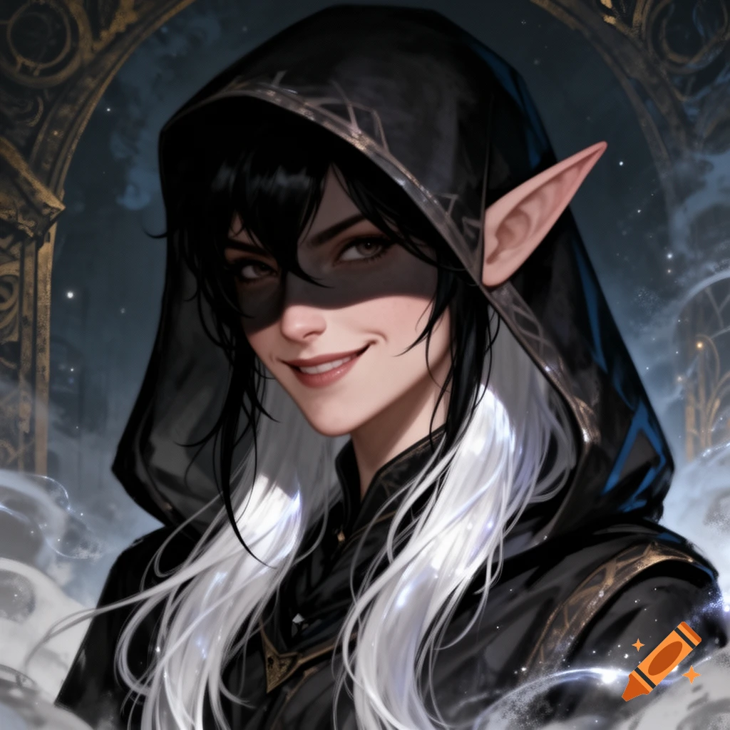 A hooded elven character with black and white hair and pointed ears, smirking, in a fantasy art style.