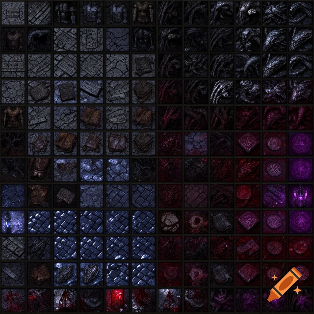 A grid of dark fantasy textures including stone, organic matter, metal, and glowing symbols, designed as a texture atlas.