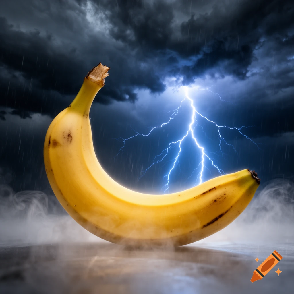 A single yellow banana stands on a misty surface under a dark, stormy sky with bright blue lightning. Photorealistic style.