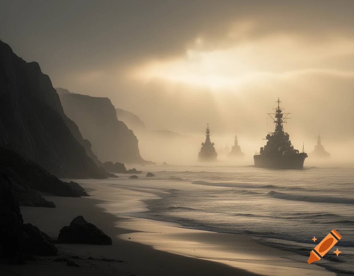 Multiple battleships emerge from a dense, golden mist along a rugged coastline with a sandy beach at sunrise or sunset.