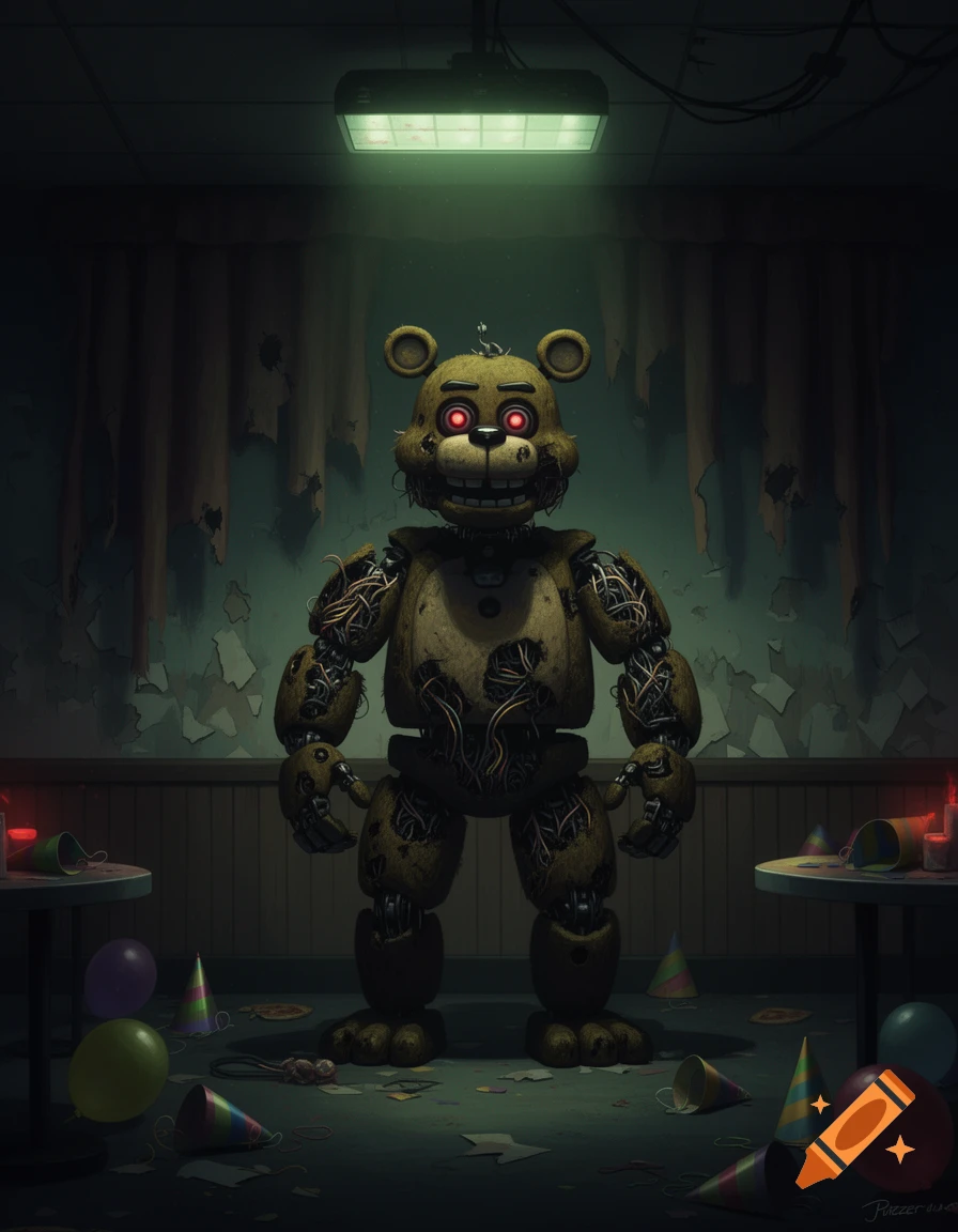 A creepy, worn-out animatronic bear with glowing red eyes and exposed wires stands in a dark, abandoned party room.