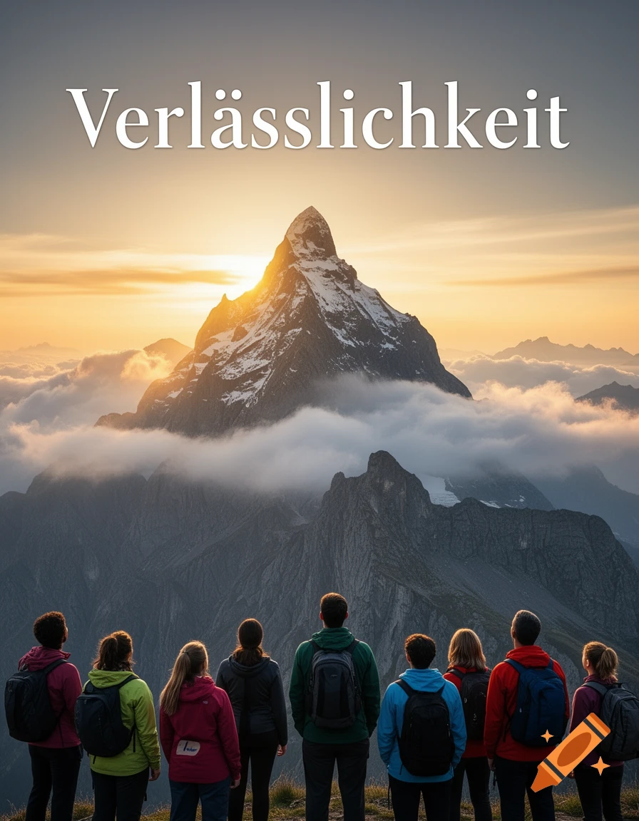 Group of hikers looking at a majestic mountain peak at sunrise, with the German word 'Verl sslichkeit' (Reliability) above.