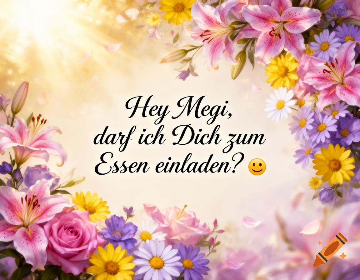 A vibrant greeting card with pink lilies, purple and yellow daisies, and a pink rose, surrounding the text "Hey Megi, darf ich Dich zum Essen einladen?" with a smiley face.