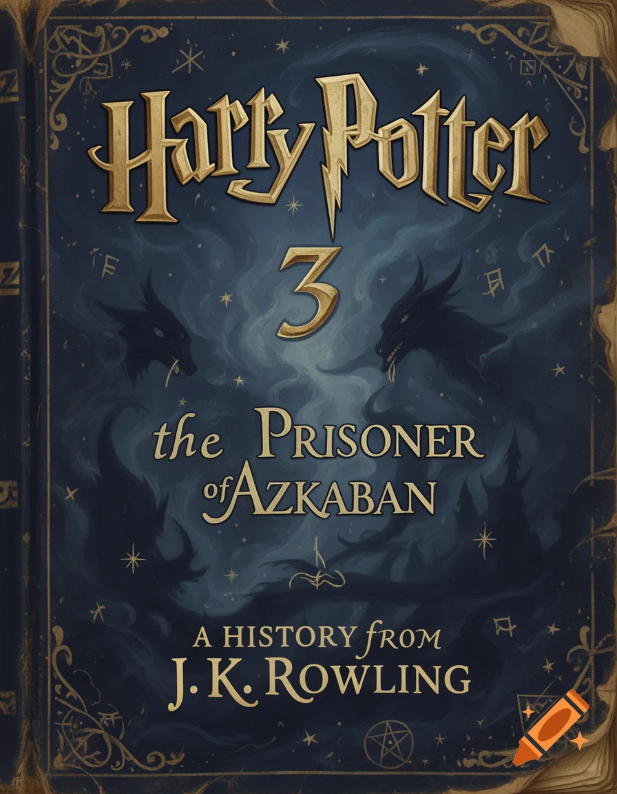 Detailed, dark blue and gold embellished book cover for Harry Potter and the Prisoner of Azkaban, featuring two shadowy creatures.