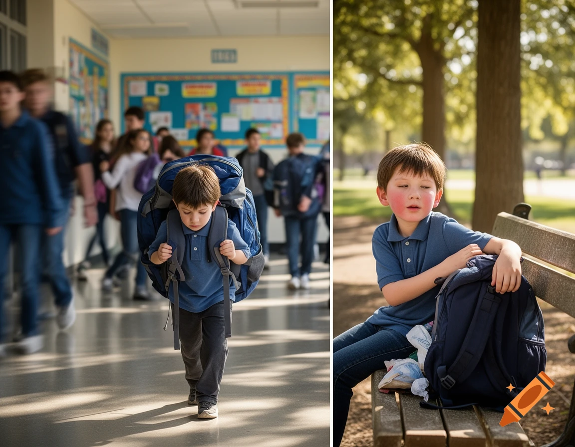 A young boy struggles with a heavy backpack in a school hallway, and in a separate image, rests on a park bench.